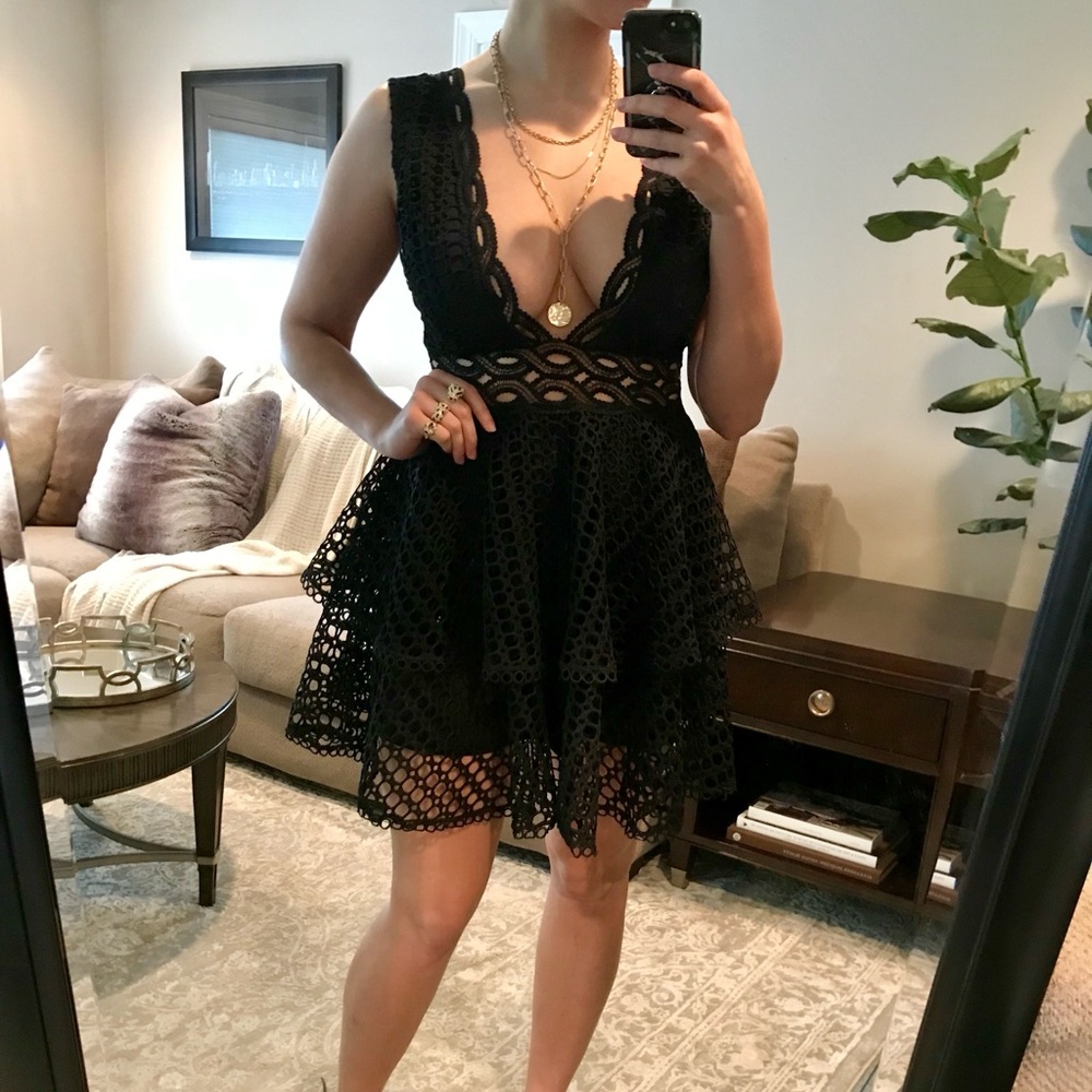 Tiered Black Lace Mini Dress with Deep V - Picture 5 of 5